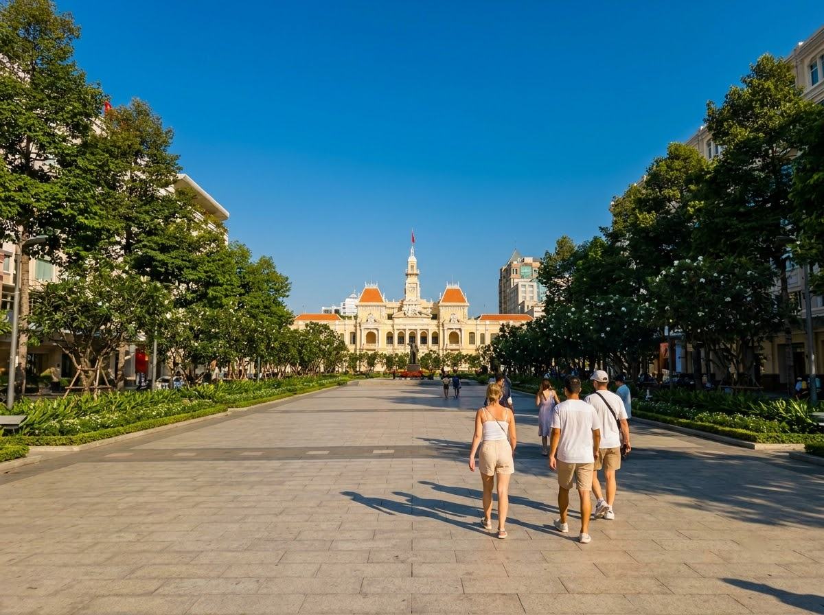 よく晴れた乾季の朝、ホーチミン市中心部のグエンフエ歩行者天国。深い青空の下、人々が黄色いコロニアル様式の市庁舎に向かって歩いている