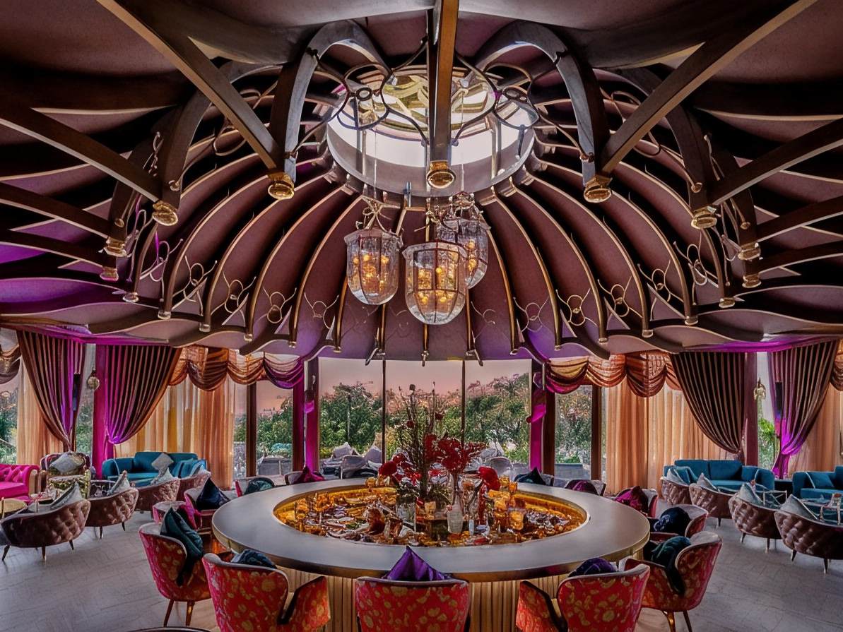 Round dining room under a ribbed timber dome with a chandelier and pink and blue velvet chairs