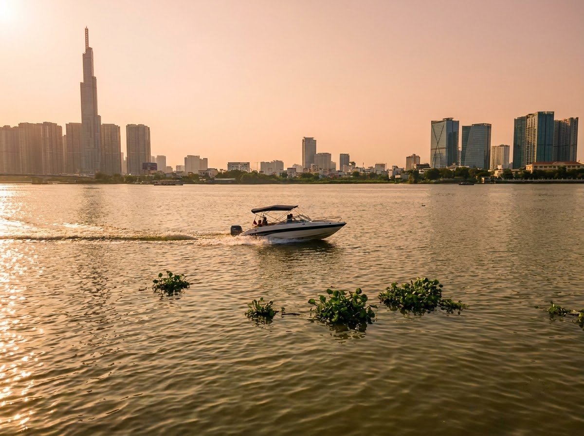 White speedboat crossing a wide brown river with a city skyline in the distance