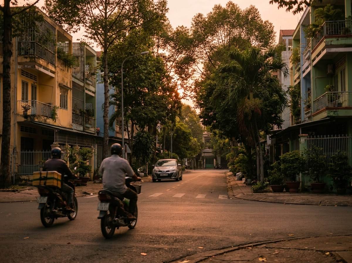 Car on a tree-lined suburban road at sunset with low houses and motorbikes