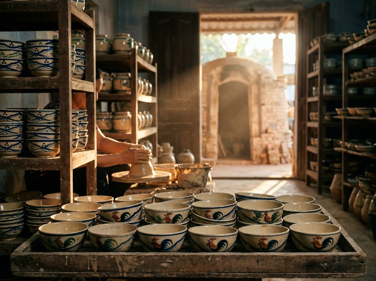 Stacks of glazed traditional pottery in a family workshop with a kiln in the background