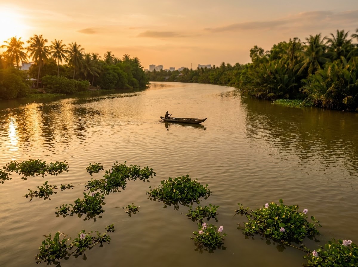 Wide bend of the Saigon River at golden hour, with palm-lined banks and a small boat on the water